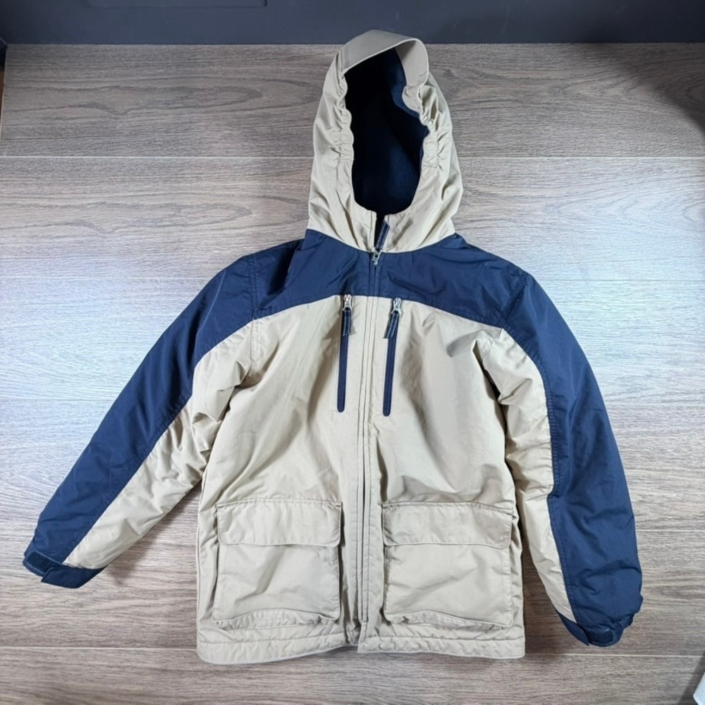 Lands End Boys M 10-12 Squall Winter Jacket Hooded Insulated Navy Blue Tan Snow
